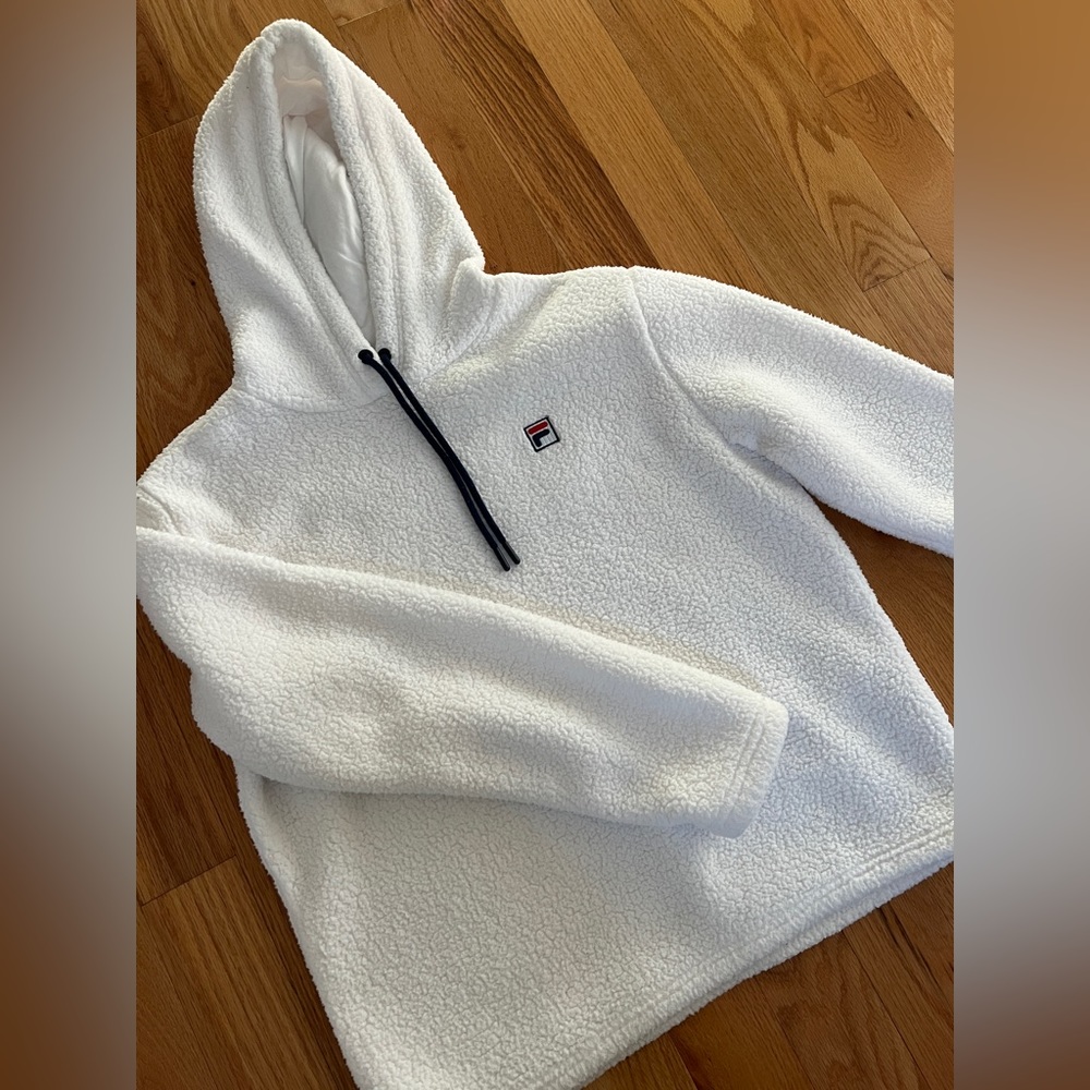 white FILA fluffy hoodie